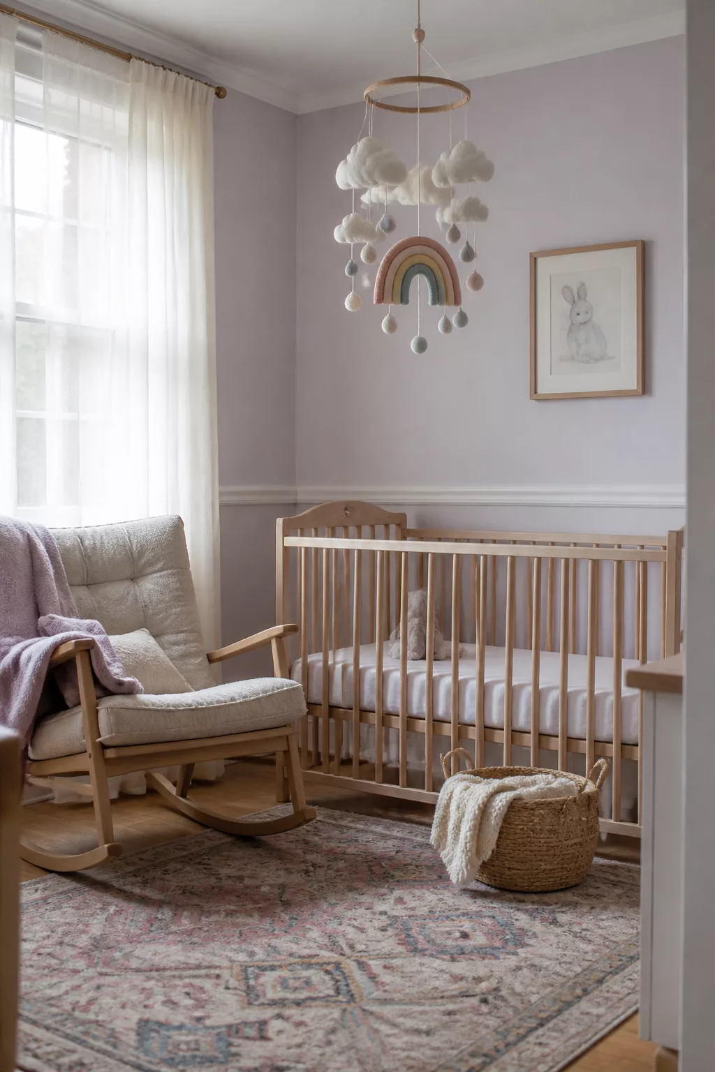 Felt cloud and rainbow mobile above a wood crib — nursery art ideas for nurseries with soft lavender walls