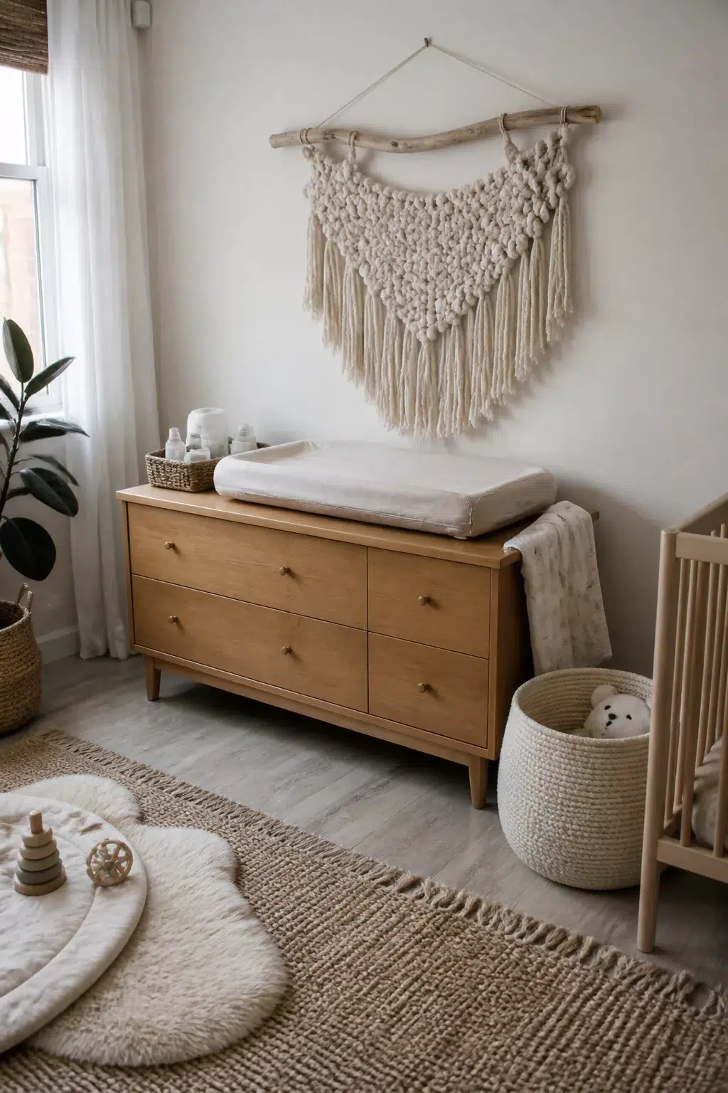 Cream macramé wall hanging above oak dresser in boho nursery — art ideas for nurseries with natural textures