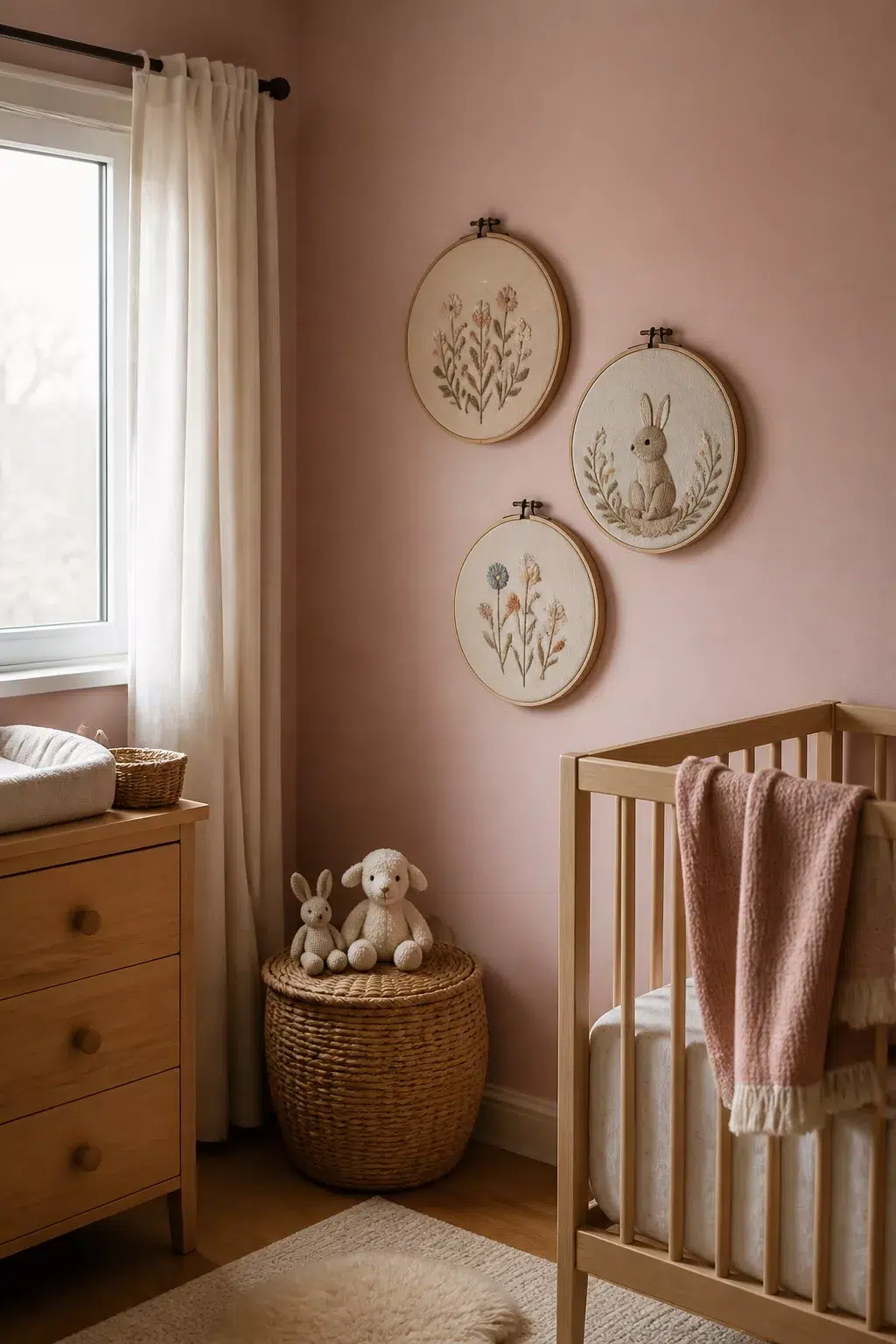 Embroidery hoop wall art with bunny and floral designs in a dusty pink nursery — art ideas for nurseries