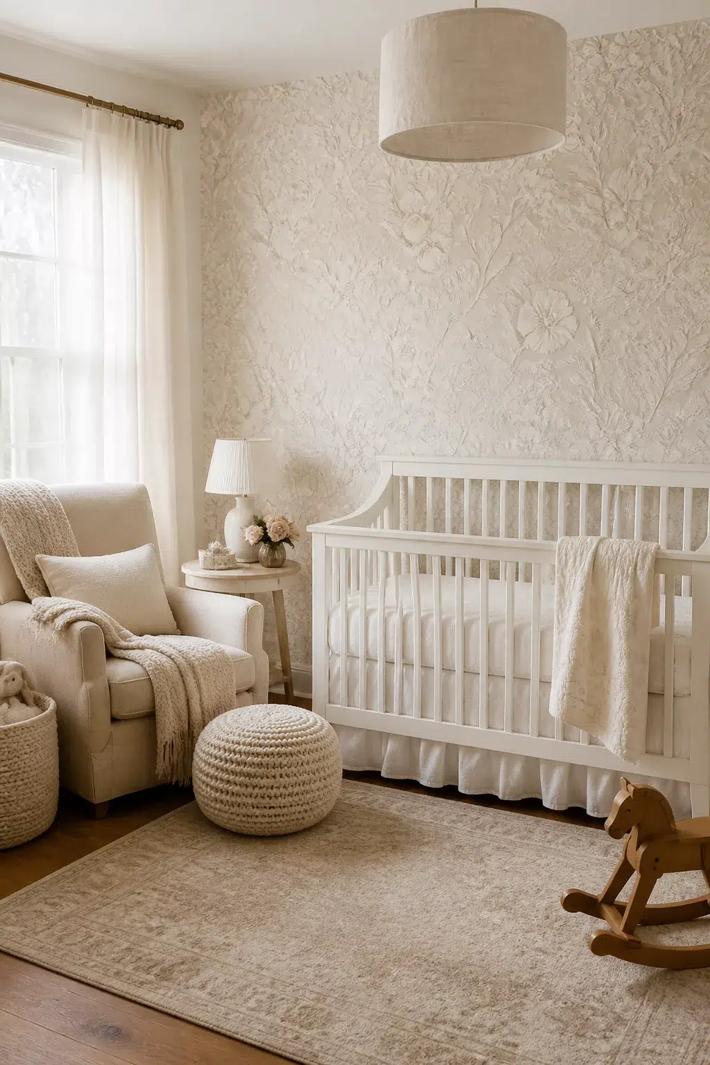 Baby girl nursery with cream-on-cream embossed floral wallpaper, white crib, linen glider, and natural fiber accents.