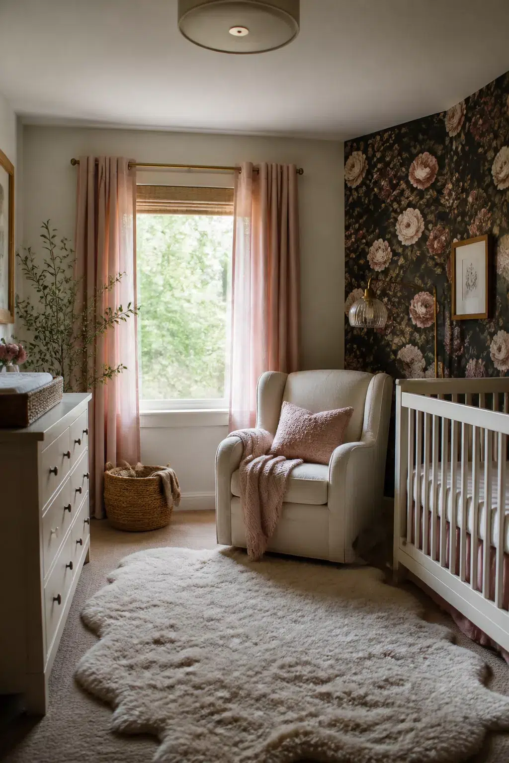 Baby girl nursery floral wallpaper with dark moody botanical accent wall, cream glider, and blush curtains