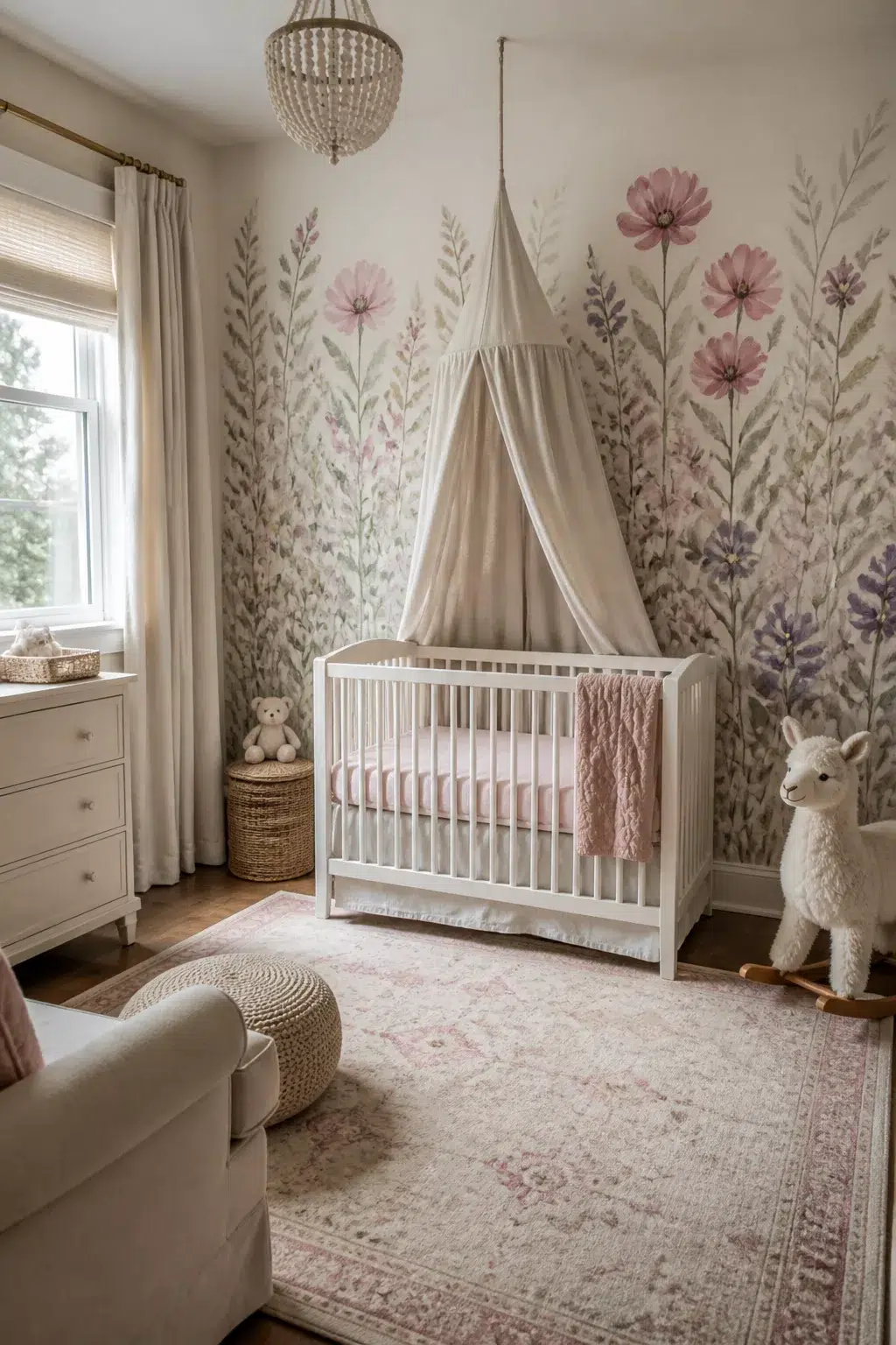Baby girl nursery floral wallpaper with watercolor wildflower mural, white crib, linen canopy, and pink vintage rug.