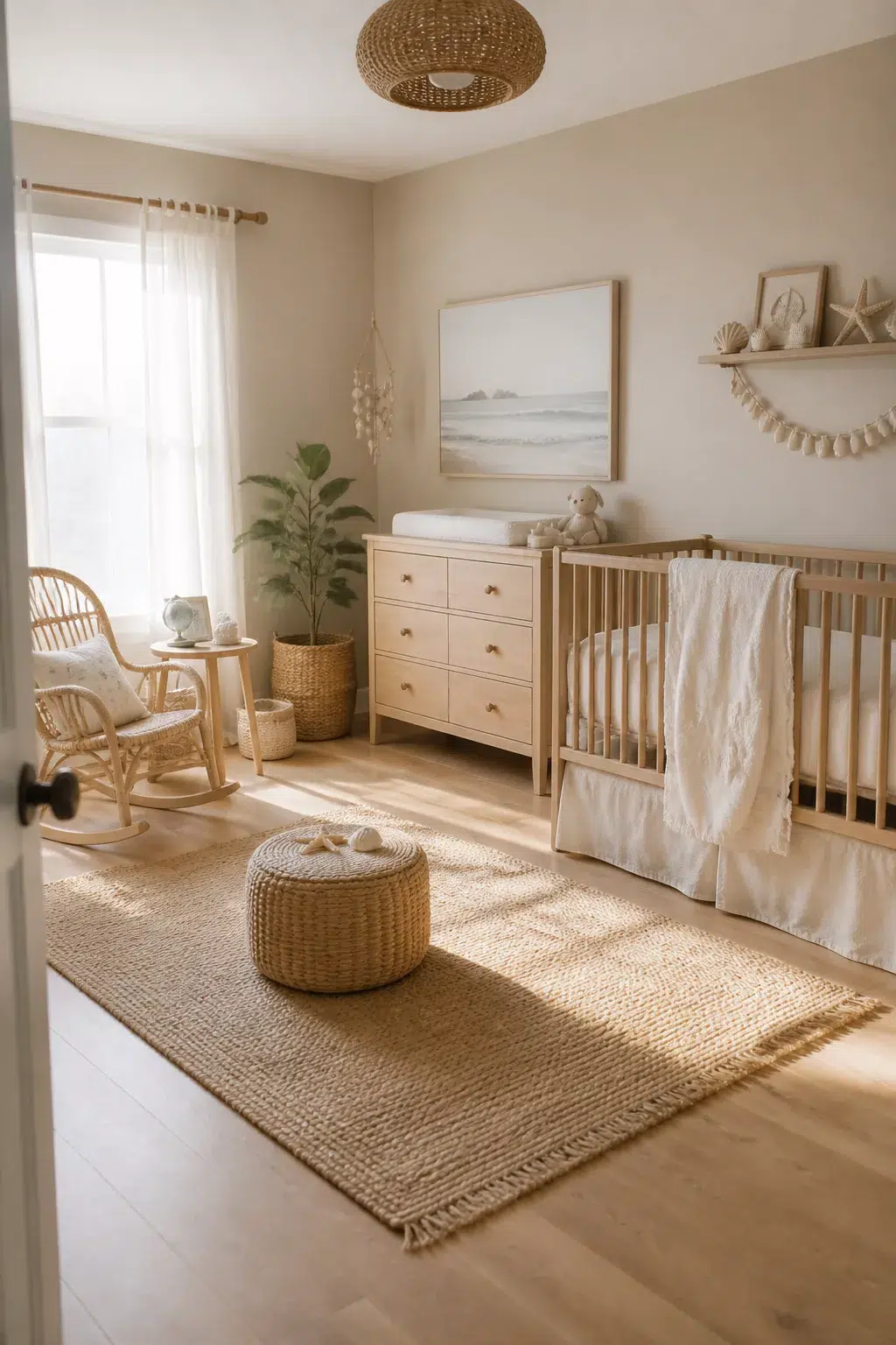 Sandy neutral beach themed nursery designs with jute rug, rattan accents, and beige walls in soft natural light.