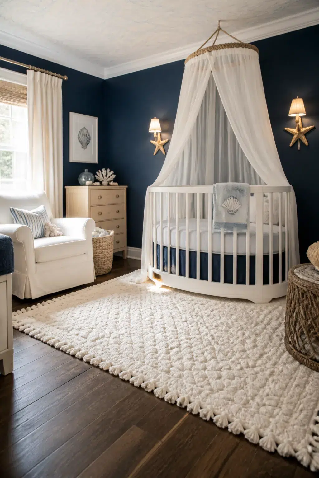 Navy blue beach themed nursery designs with round white crib, rope canopy, starfish sconces, and chunky cream rug