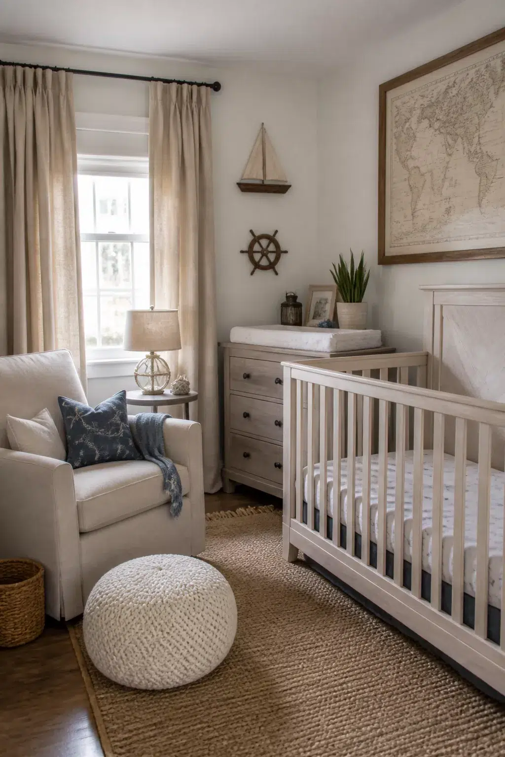 Beach themed nursery design with nautical map art, ship wheel wall decor, white crib, and linen glider chair.