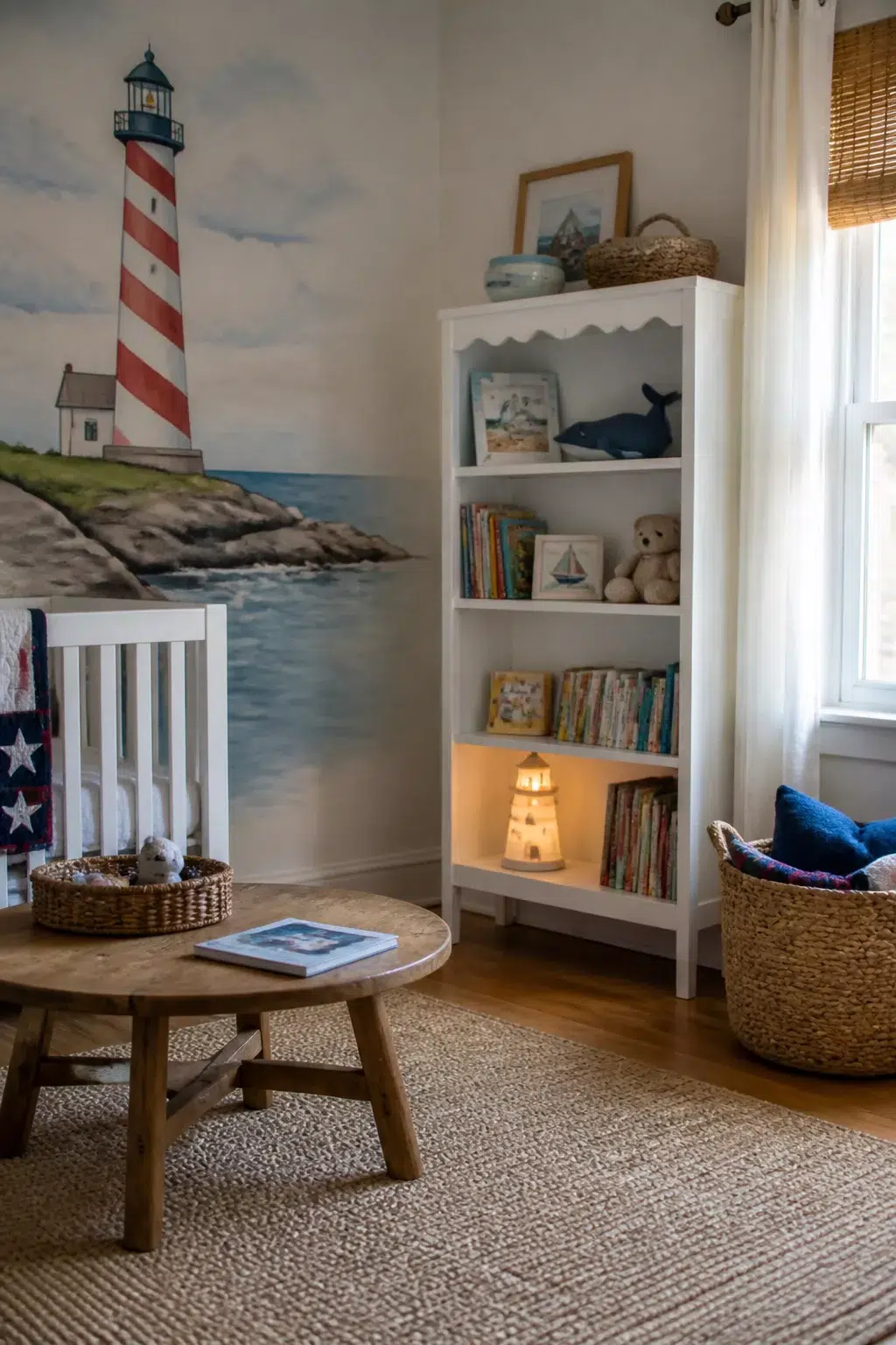 Lighthouse mural nursery with scallop bookshelf and coastal decor — Beach Themed Nursery Designs