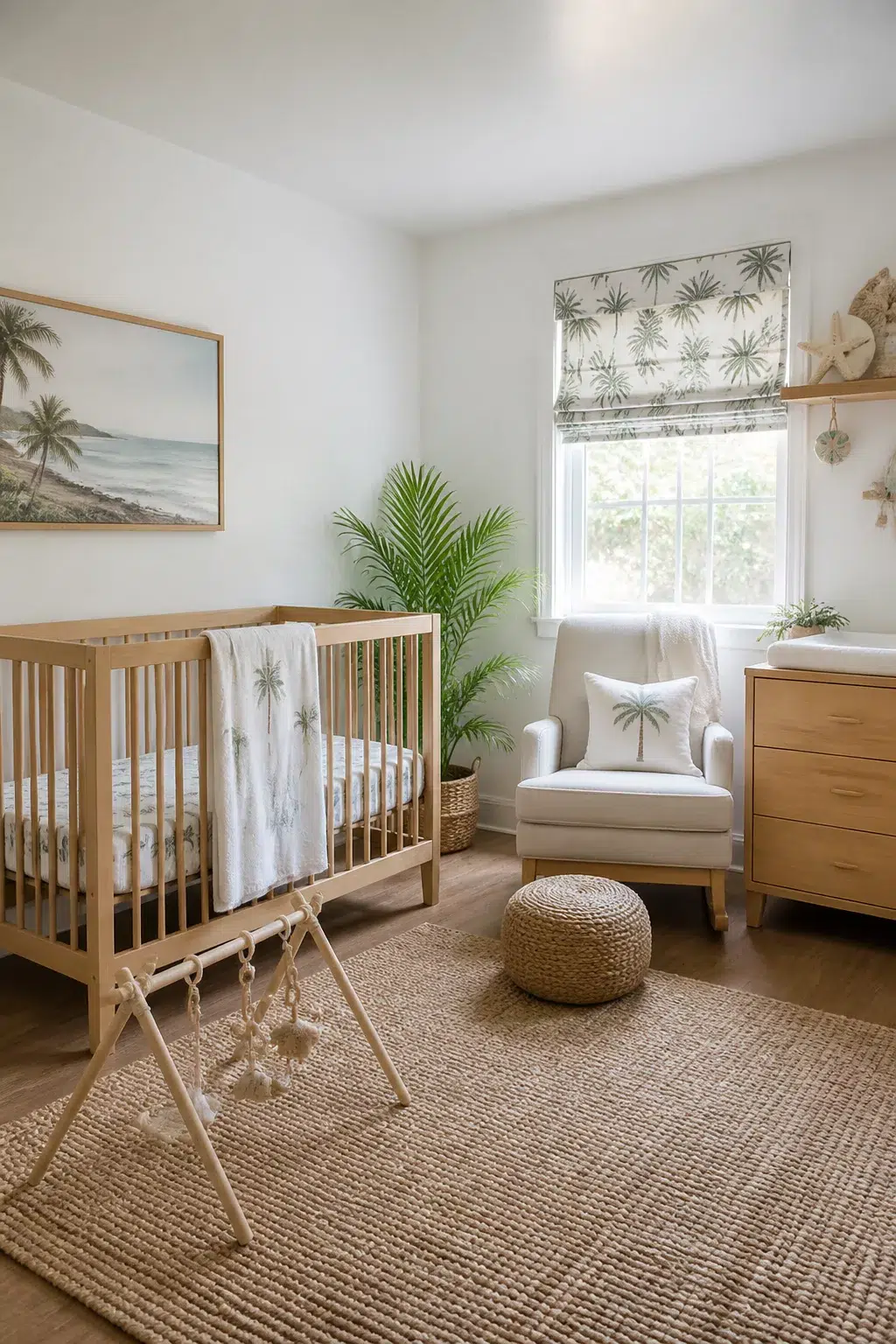 Palm leaf roman shade and matching crib bedding in a tropical beach themed nursery design with natural wood furniture.