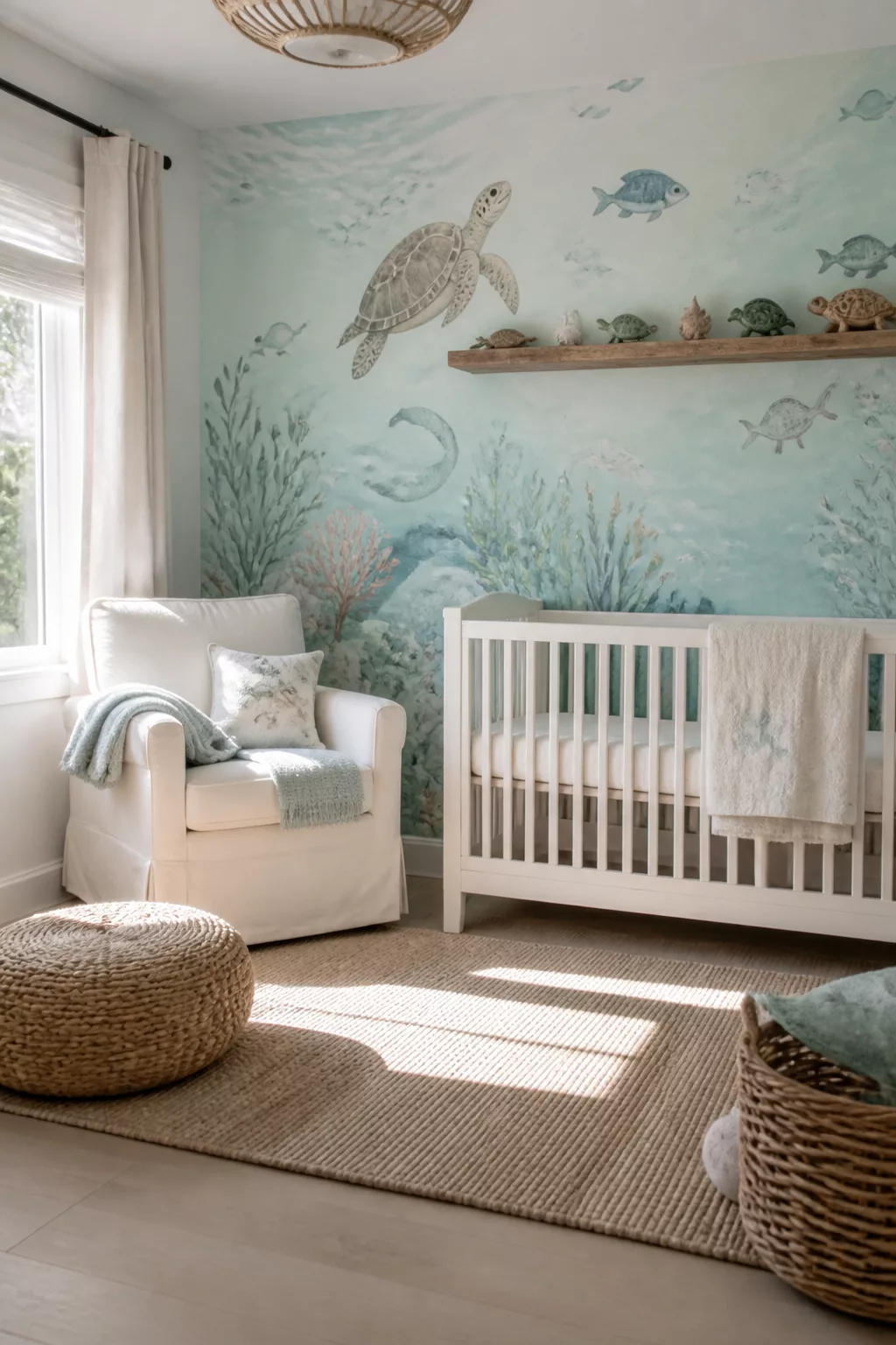 Beach themed nursery designs featuring a watercolor underwater mural with sea turtles, white crib, and coastal accents.