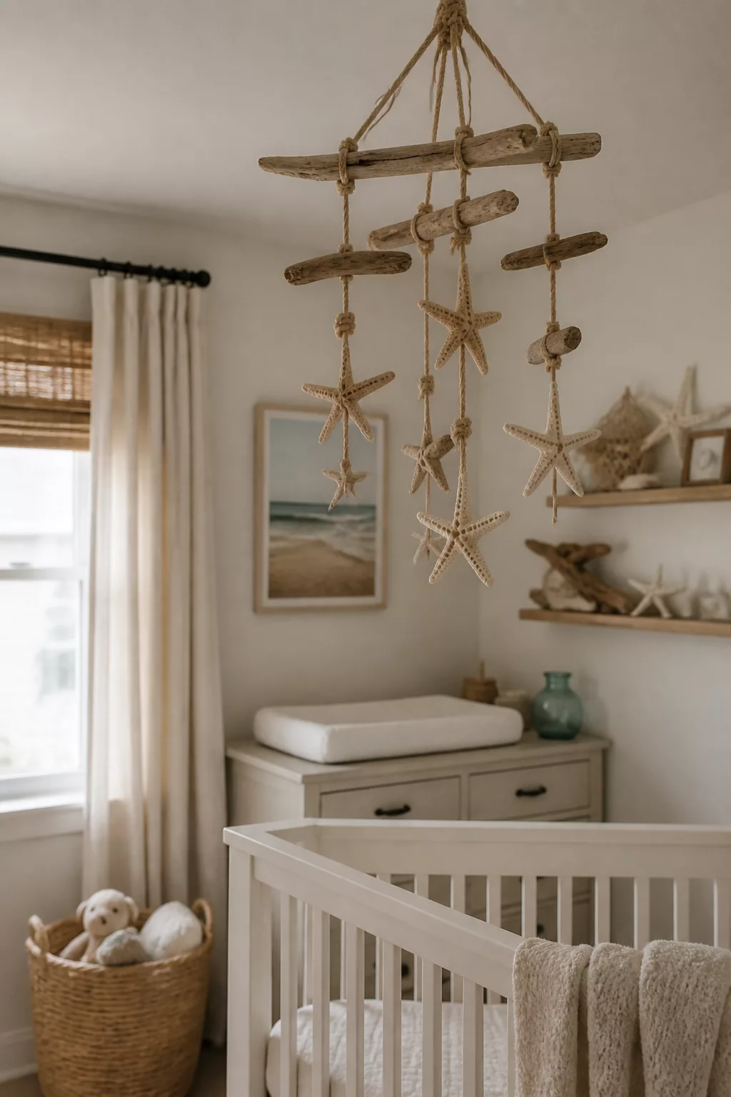 Driftwood and starfish mobile hanging over white crib in a coastal beach themed nursery design.