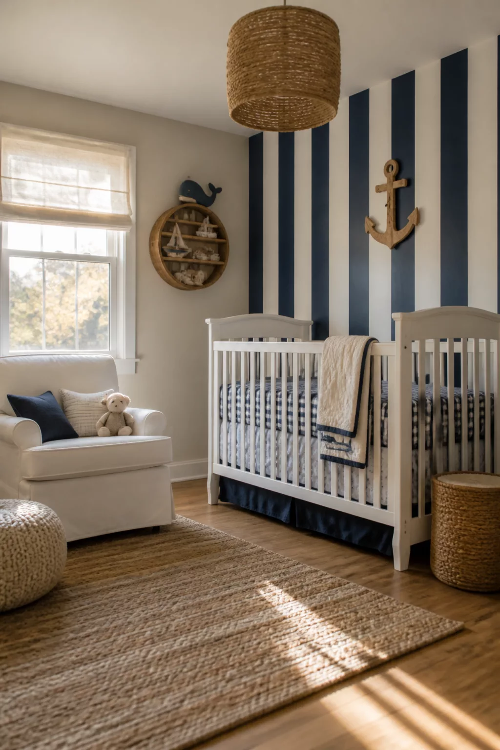 Navy stripe accent wall nursery with anchor decor and jute rug — beach themed nursery design idea