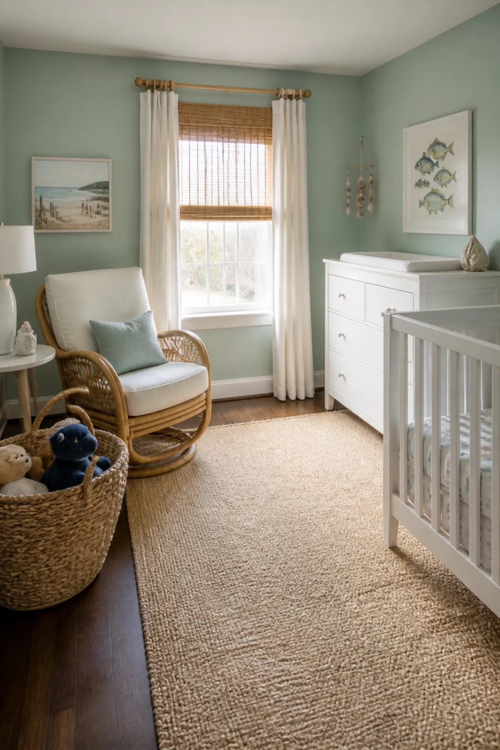 Seafoam green beach themed nursery design with rattan rocker, white crib, and coastal fish wall art