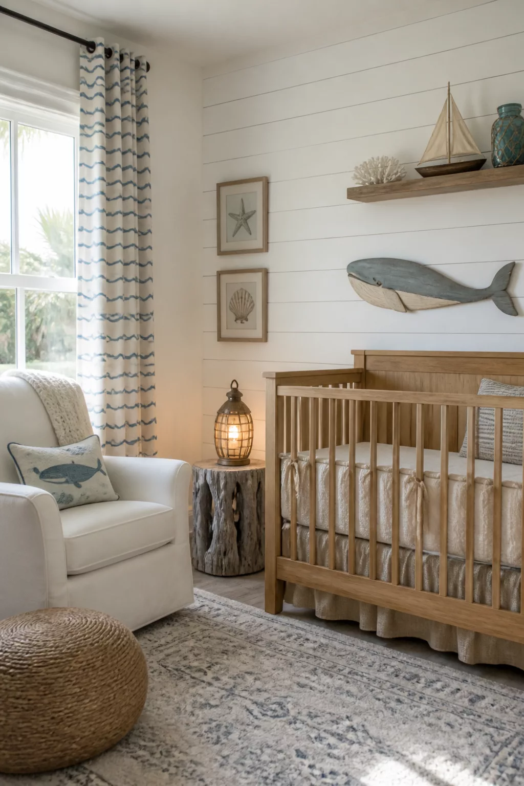 White shiplap feature wall with wooden whale art in a coastal beach themed nursery design.