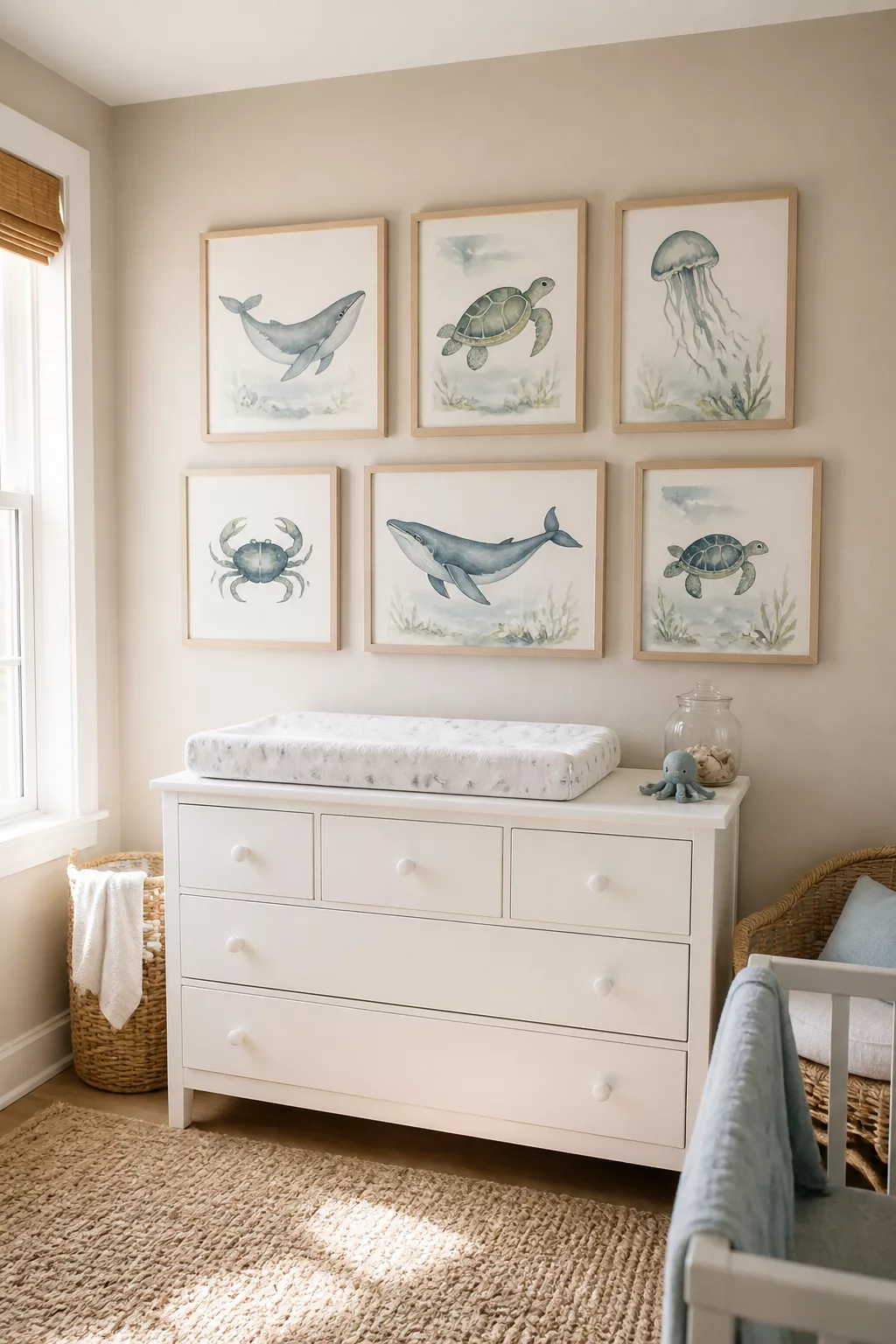 Framed watercolor sea creature gallery wall above white dresser in a beach themed nursery with coastal decor.