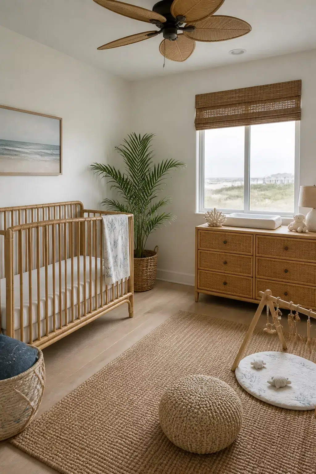 Rattan crib and woven dresser in a coastal beach themed nursery design with palm ceiling fan