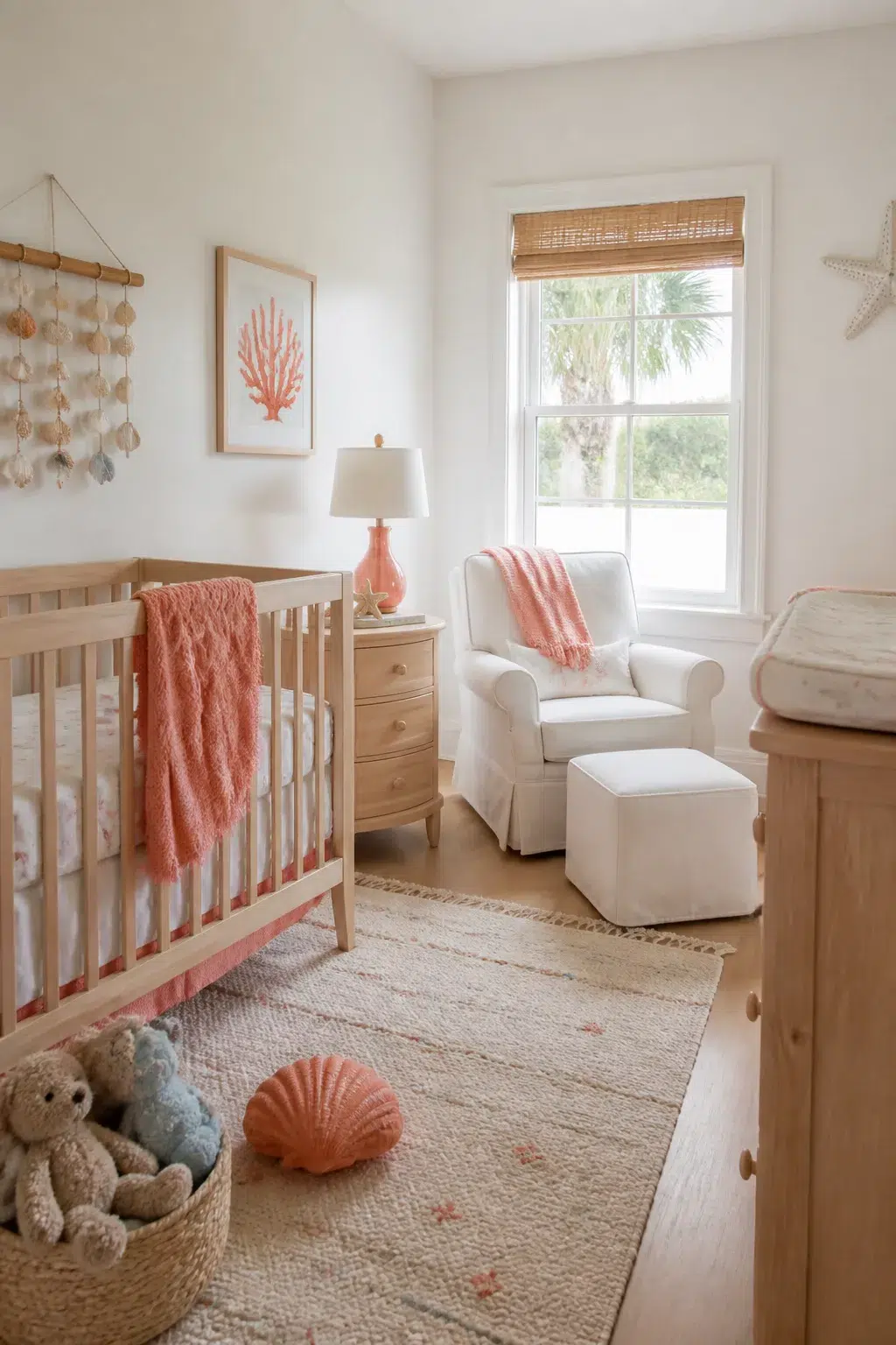 Coral pink accents in a beach themed nursery with natural wood crib, glider, and coastal seashell decor.