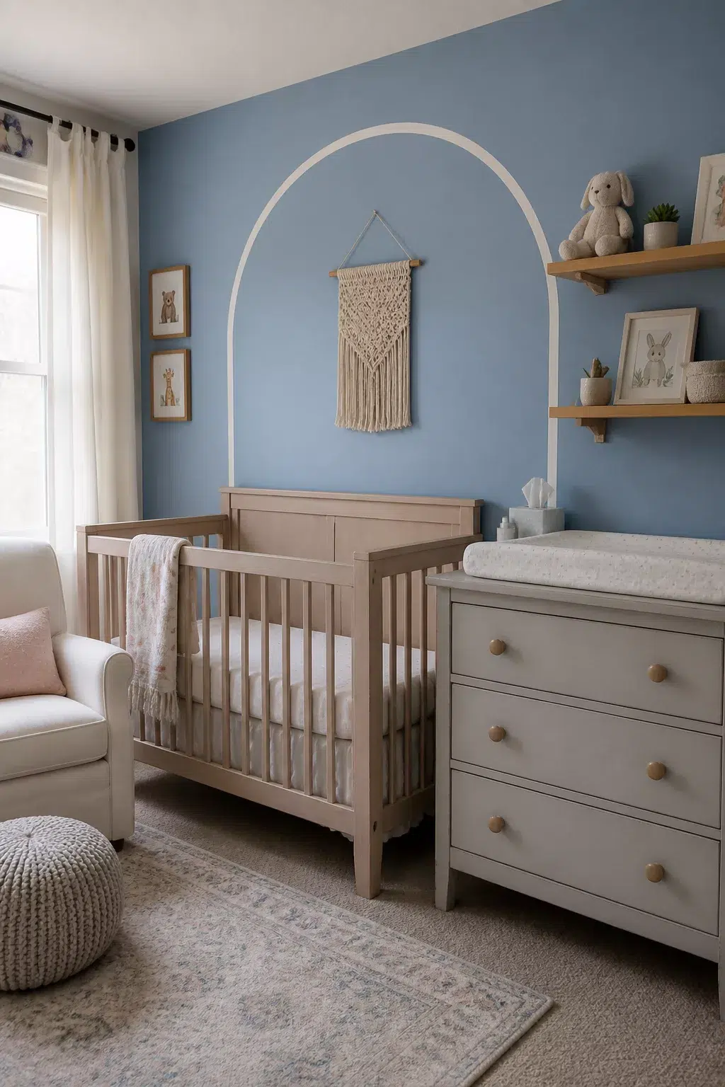 Sky blue accent wall with painted white arch in a nursery — blue accent walls for nurseries inspiration