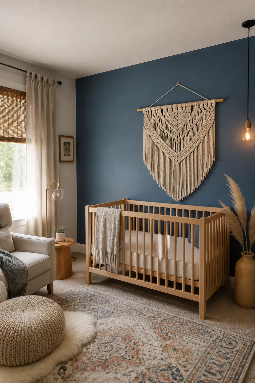 Denim blue accent wall nursery with macramé wall hanging, natural wood crib, and layered boho textiles.