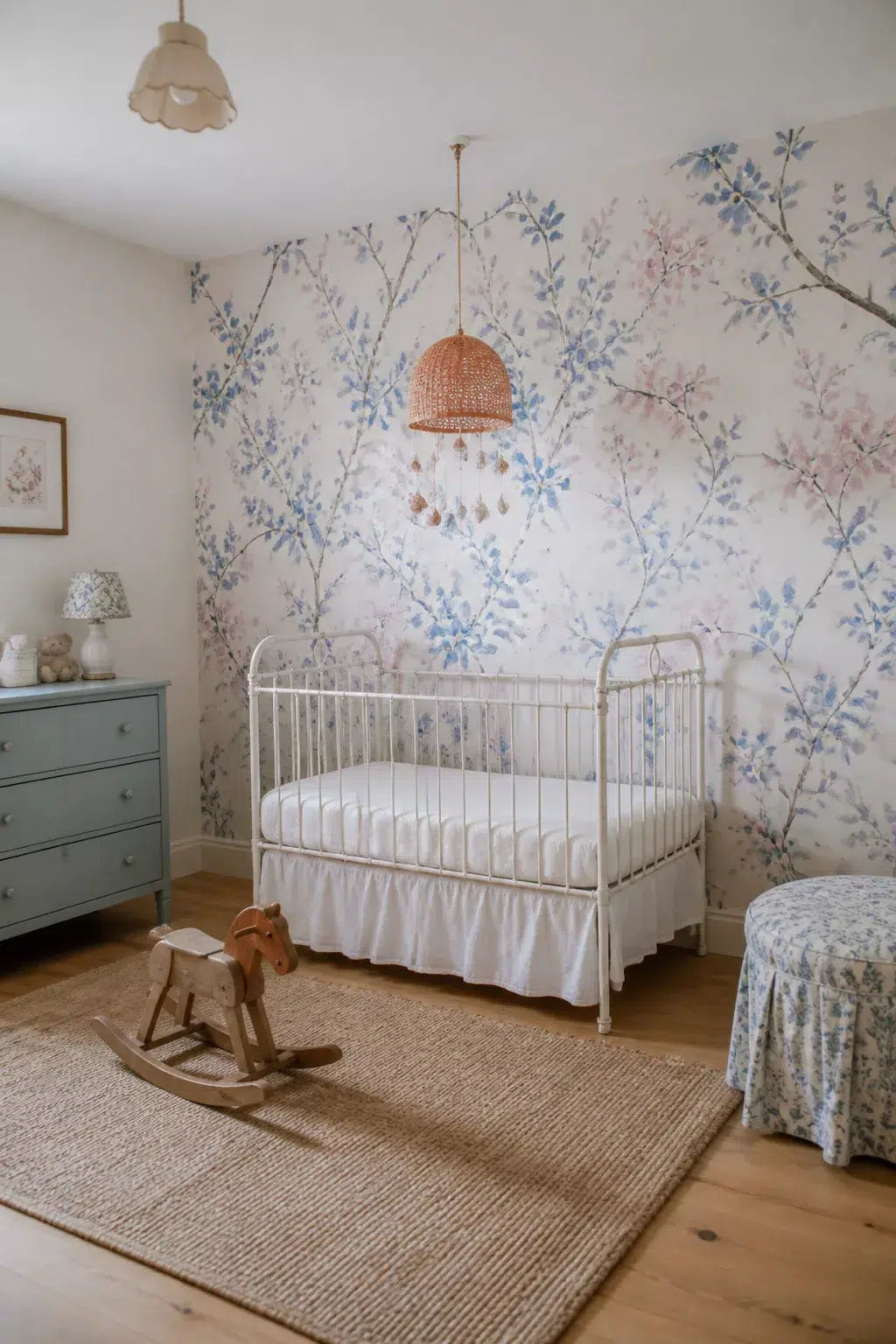 Blue floral nursery wallpaper with watercolor cherry blossom branches, white iron crib, and rattan pendant light.
