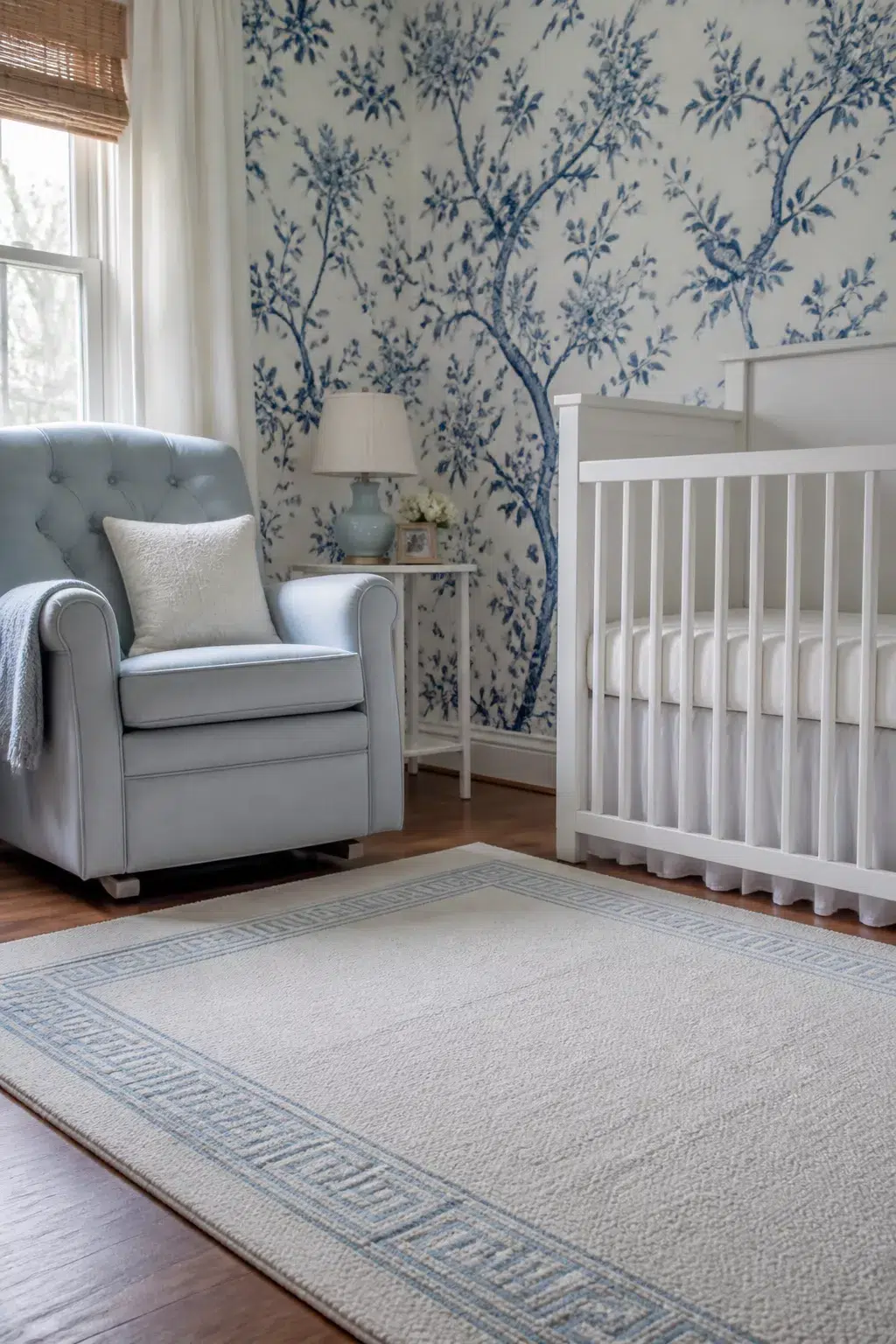 Blue chinoiserie tree wallpaper in a nursery with a white crib and tufted blue glider — blue floral nursery wallpapers