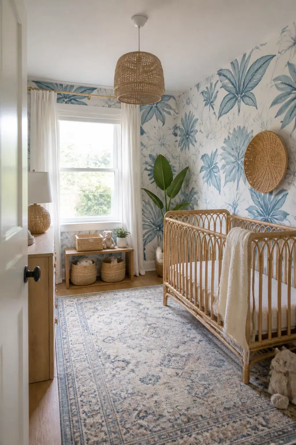 Blue botanical leaf nursery wallpaper with rattan crib and woven pendant light — blue floral nursery wallpapers
