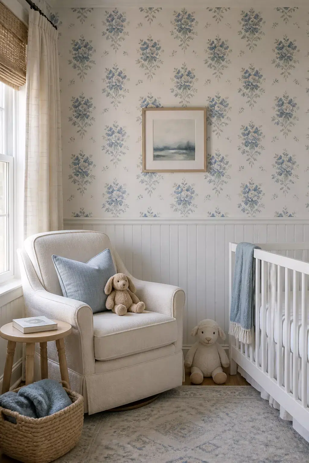 Blue floral nursery wallpaper with bouquet grid pattern above beadboard wainscoting, cream glider, and white crib.