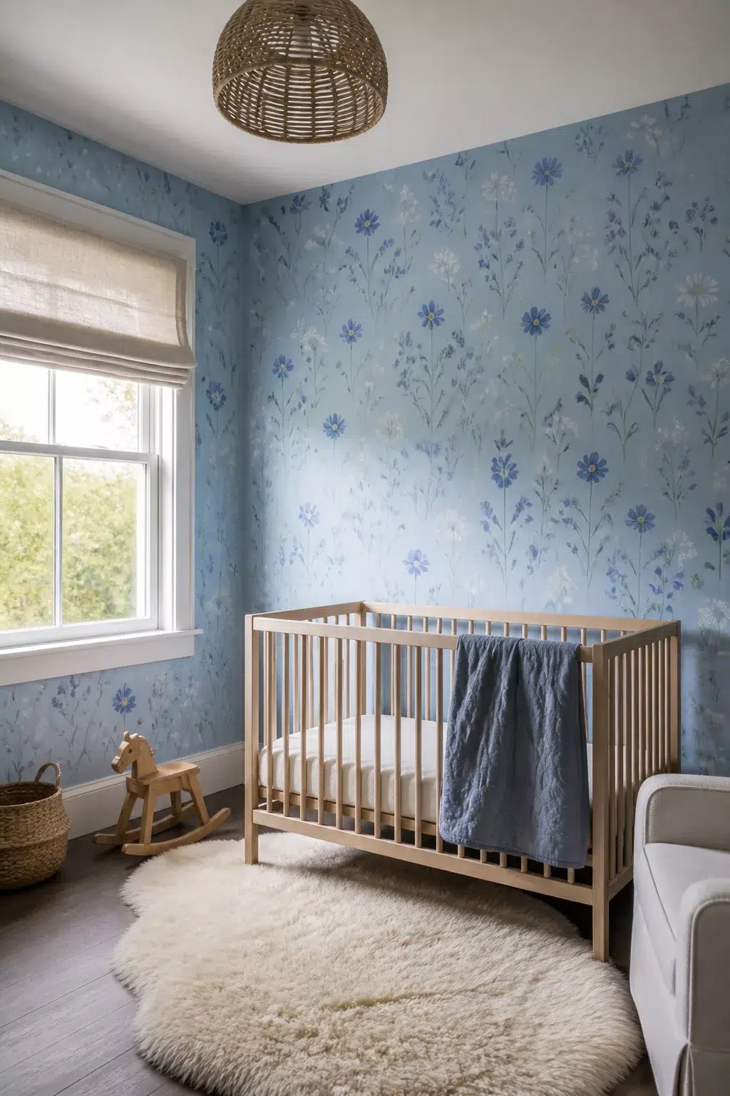 Sky blue wildflower nursery wallpaper with natural wood crib, fluffy rug, and woven pendant light.
