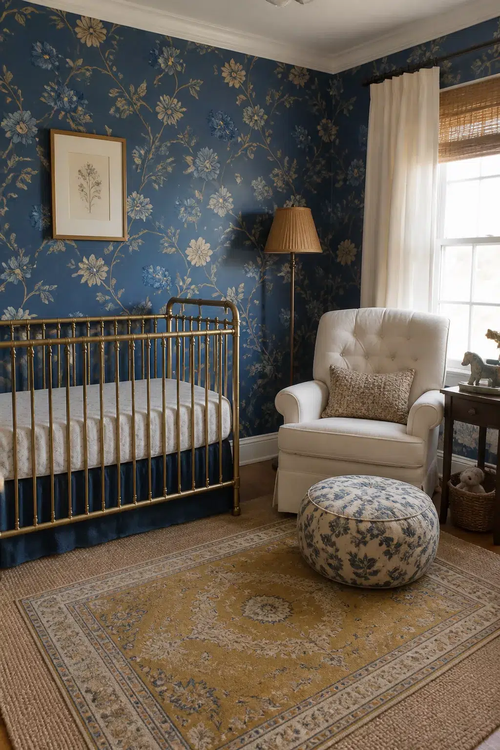 Blue floral nursery wallpaper with gold brass crib, cream glider, and Persian rug in maximalist nursery