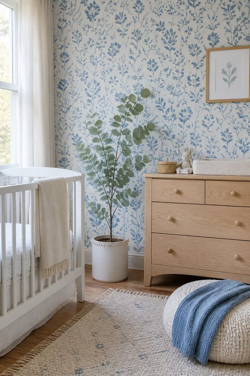Blue floral nursery wallpaper with botanical sprig print, oak dresser, white crib, and jute rug — blue floral nursery wallpapers