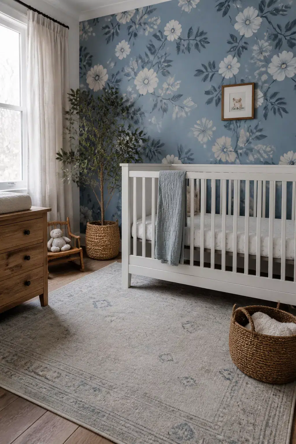Dusty blue magnolia floral nursery wallpaper with white crib and warm wood dresser — blue floral nursery wallpapers