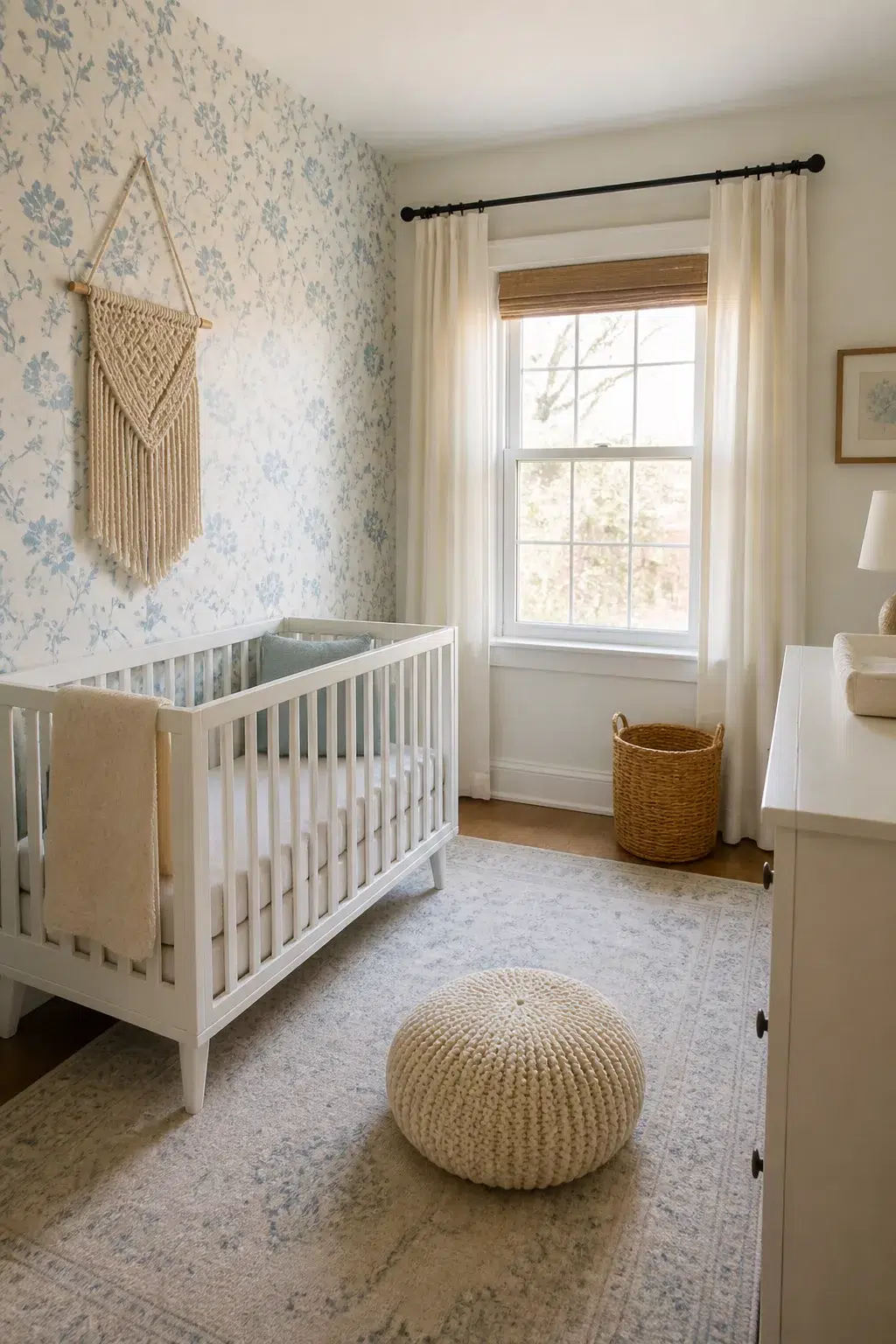 Pastel blue floral nursery wallpaper with trailing vines, white crib, macramé wall hanging, and knit pouf.