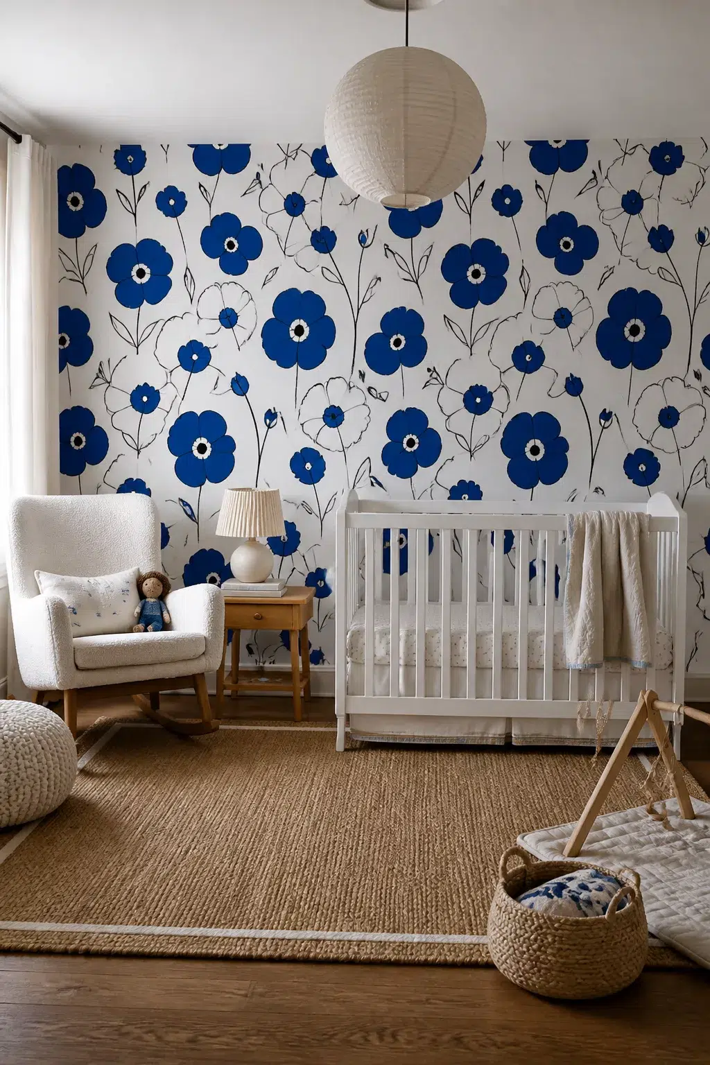 Bold cobalt blue poppy blue floral nursery wallpaper with white crib, boucle glider, and jute rug.