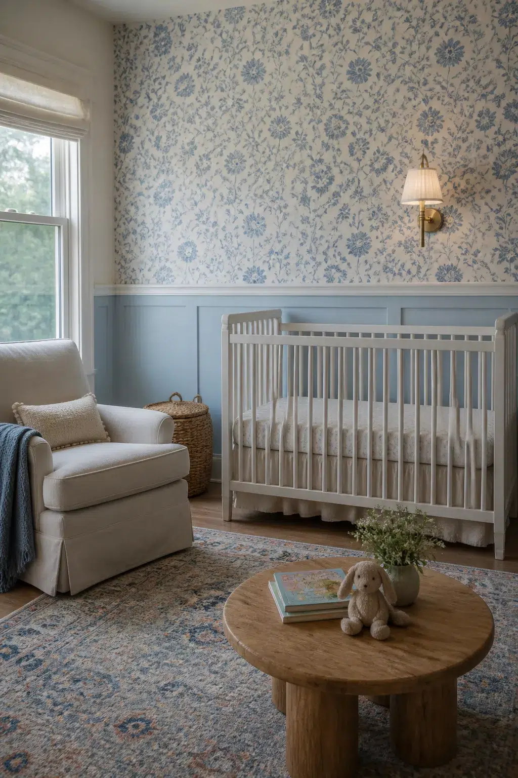 Blue floral nursery wallpaper with chair rail wainscoting, white crib, cream glider, and brass sconce.
