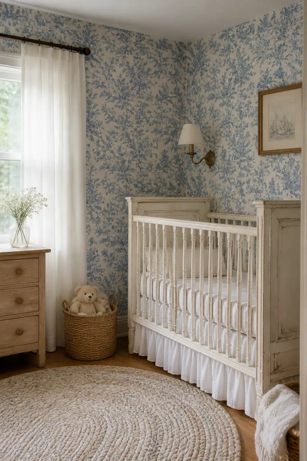 Blue floral nursery wallpaper in a toile pattern with white distressed crib and warm wood dresser