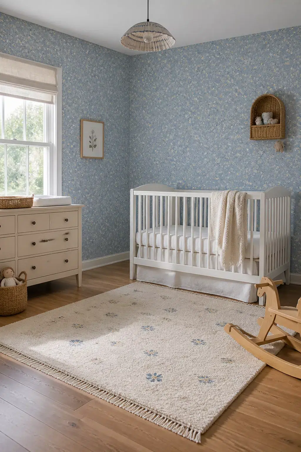 Powder blue ditsy floral nursery wallpaper with white crib, cream dresser, and rocking horse — blue floral nursery wallpapers