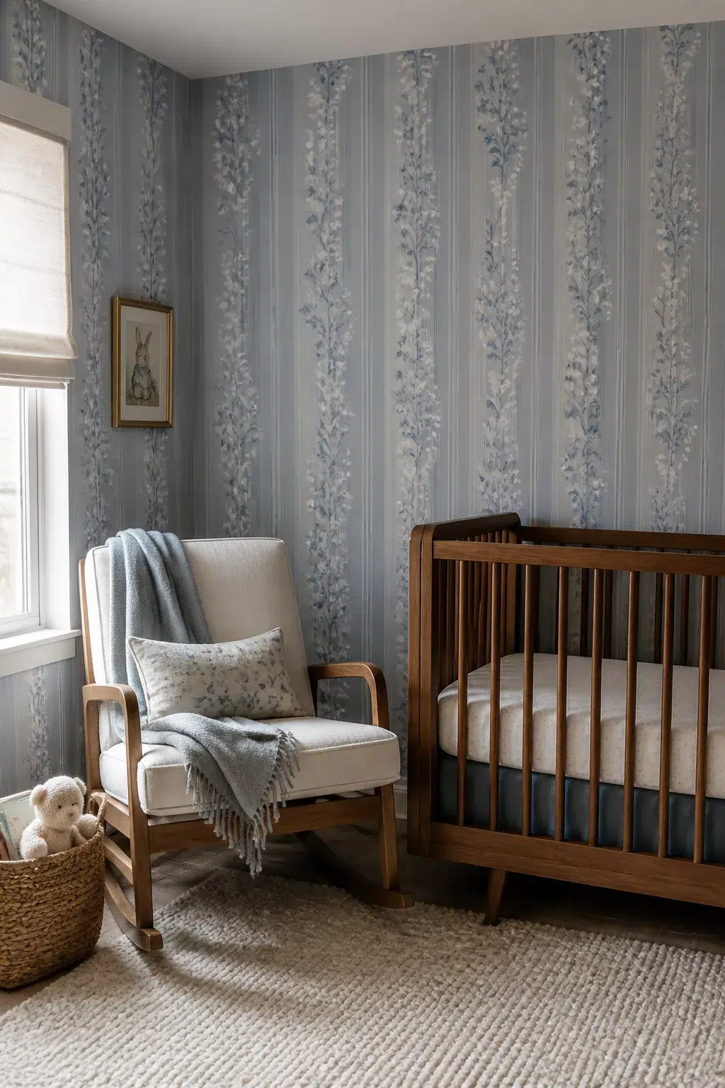 Dusty blue floral stripe nursery wallpaper with walnut crib and cream rocker — blue floral nursery wallpapers