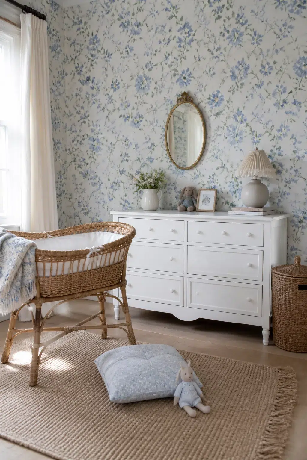 Blue floral nursery wallpaper with wild rose print, rattan bassinet, and white dresser in a cottagecore baby room.