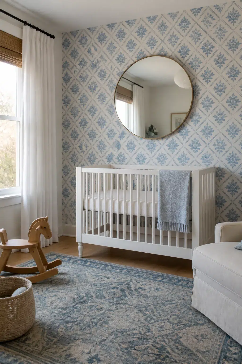Blue floral nursery wallpaper with diamond lattice pattern behind a white crib and round brass mirror