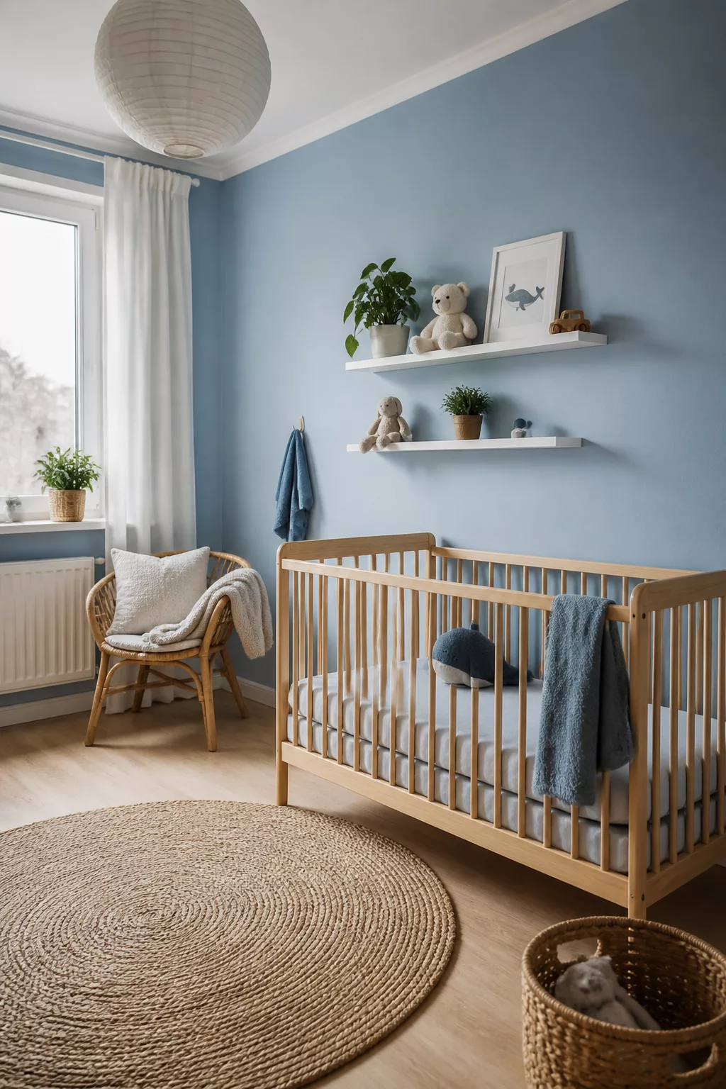 Dusty blue nursery with natural wood crib, jute rug, and floating shelves — blue nursery ideas