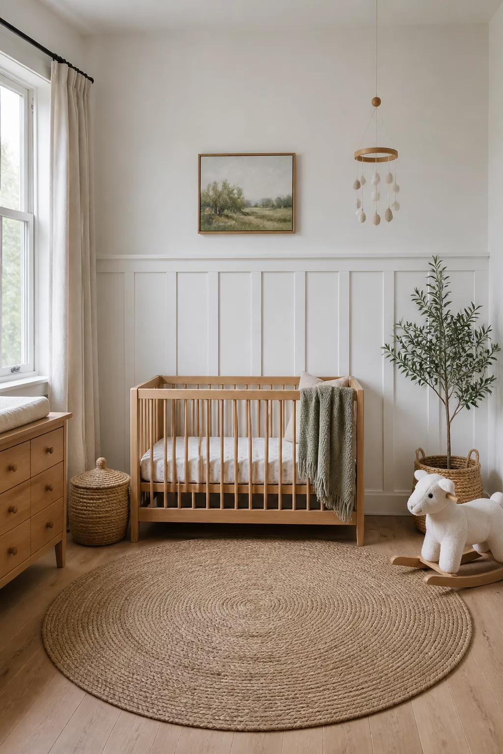 Classic white board and batten nursery walls with light wood crib, jute rug, and natural decor accents.