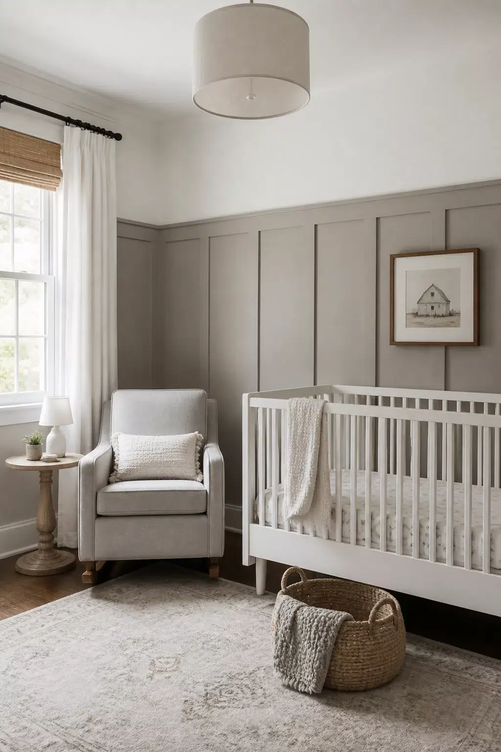 Soft gray tall board and batten nursery walls with white crib, linen glider, and woven basket accents.
