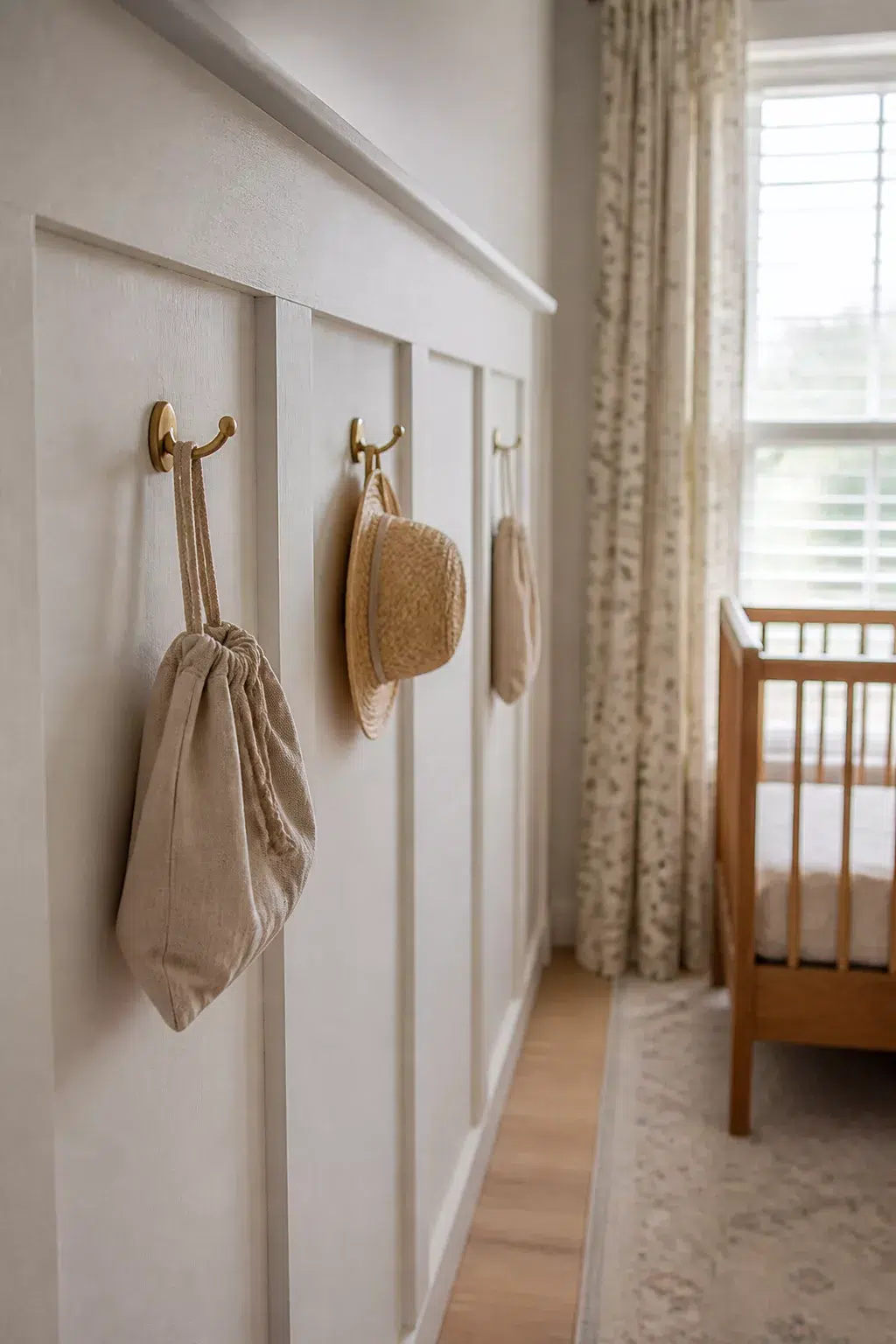 Cloud white board and batten nursery walls with brass double hooks holding baby hats and a linen bag.