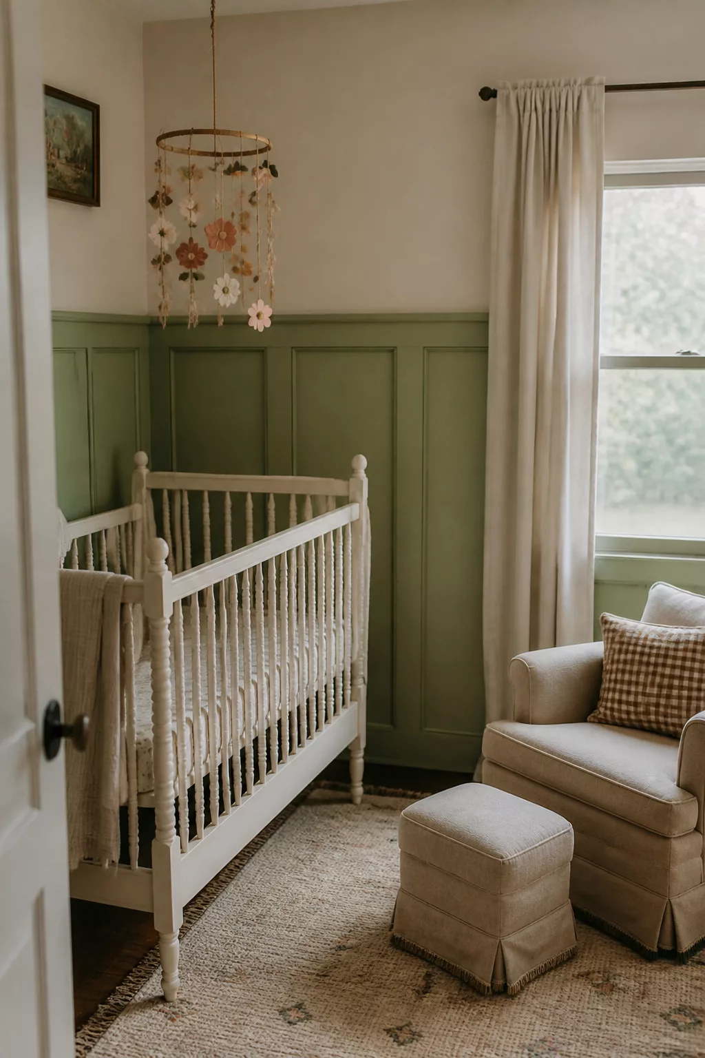 Olive green board and batten nursery walls with white spindle crib, glider, and vintage floral mobile.