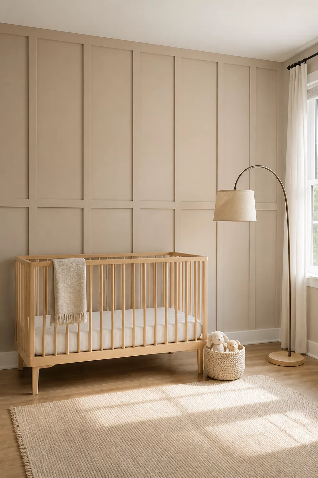 Warm linen board and batten nursery walls with natural wood crib and arc floor lamp — neutral Scandinavian style