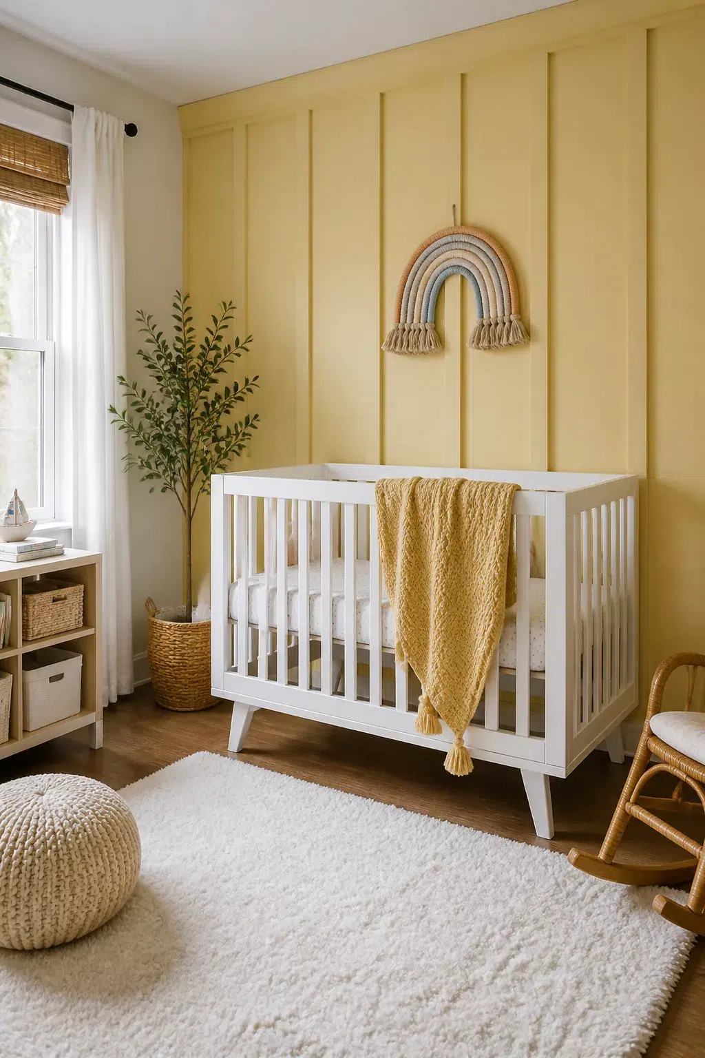 Butter yellow board and batten nursery walls with white crib, macramé rainbow, and natural rattan accents.