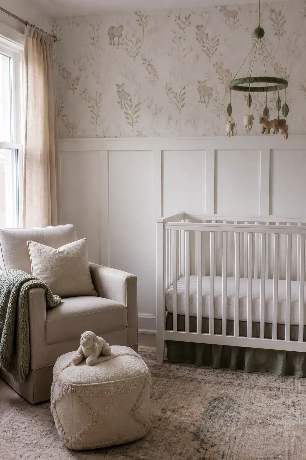 Board and batten nursery walls with warm white paneling and soft woodland animal wallpaper above in a cozy neutral nursery.
