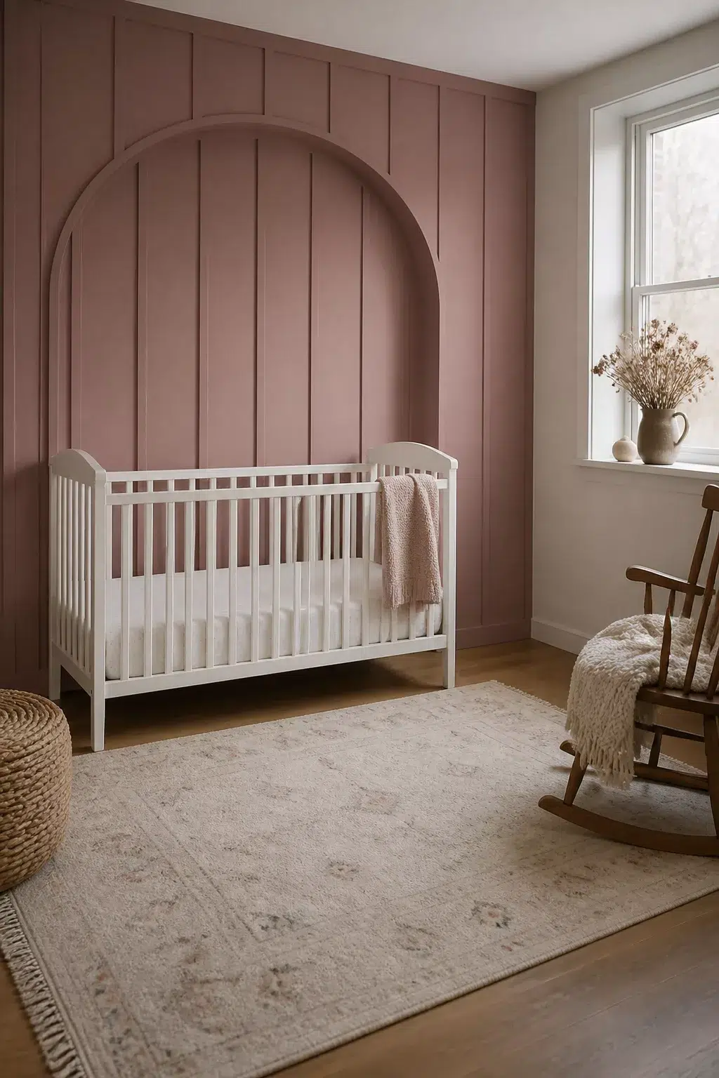 Dusty rose board and batten nursery wall with painted arch detail behind a white crib and rocking chair.