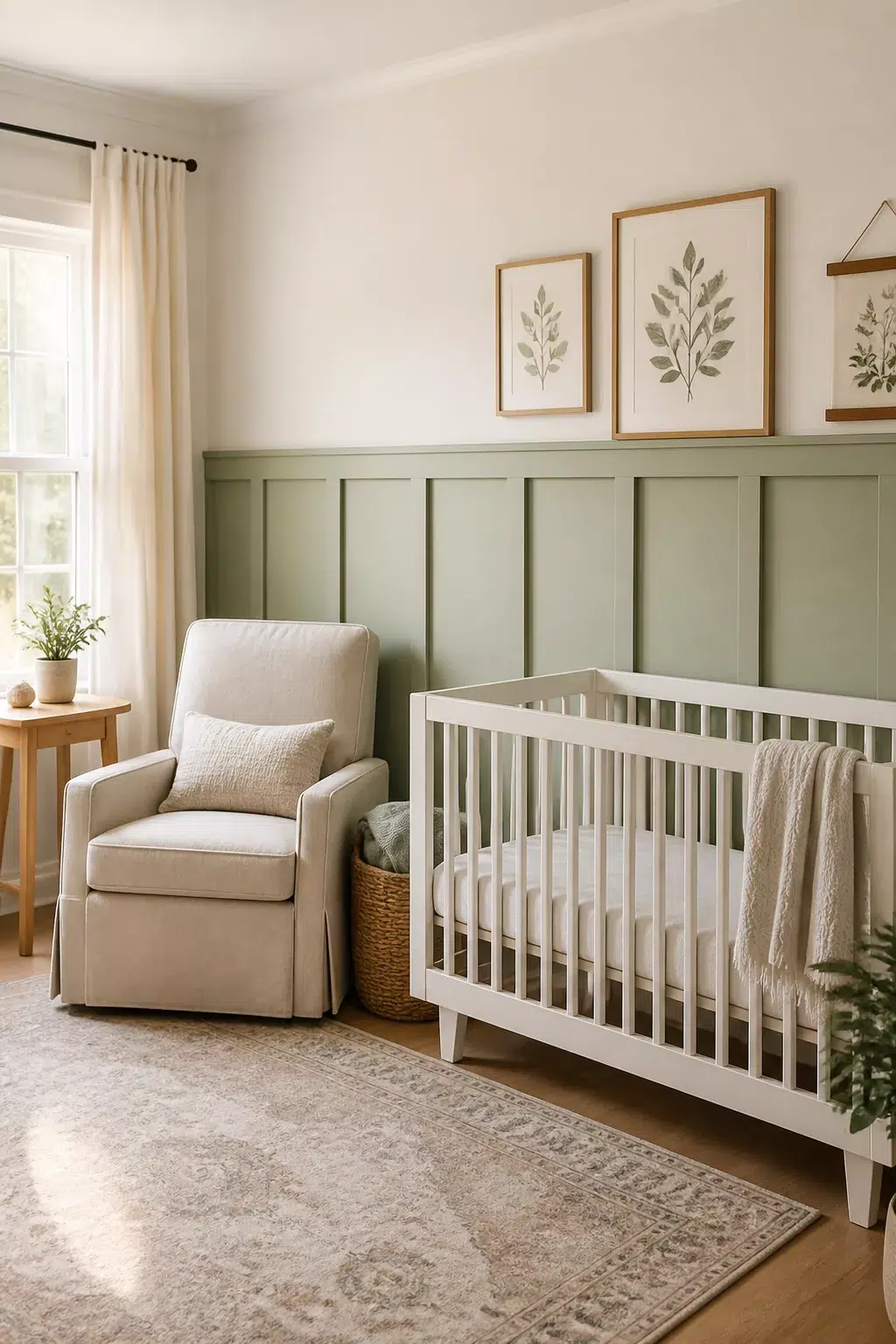 Sage green board and batten nursery walls with white crib, linen glider, and botanical art above paneling.