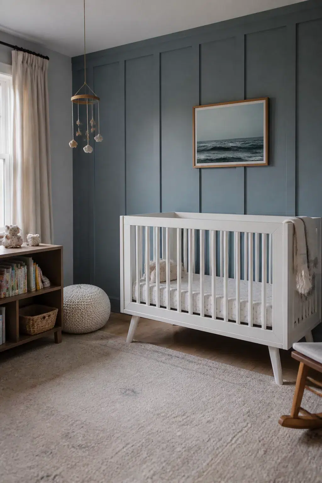 Full-height dusty blue board and batten nursery walls with white crib, neutral rug, and ocean artwork.