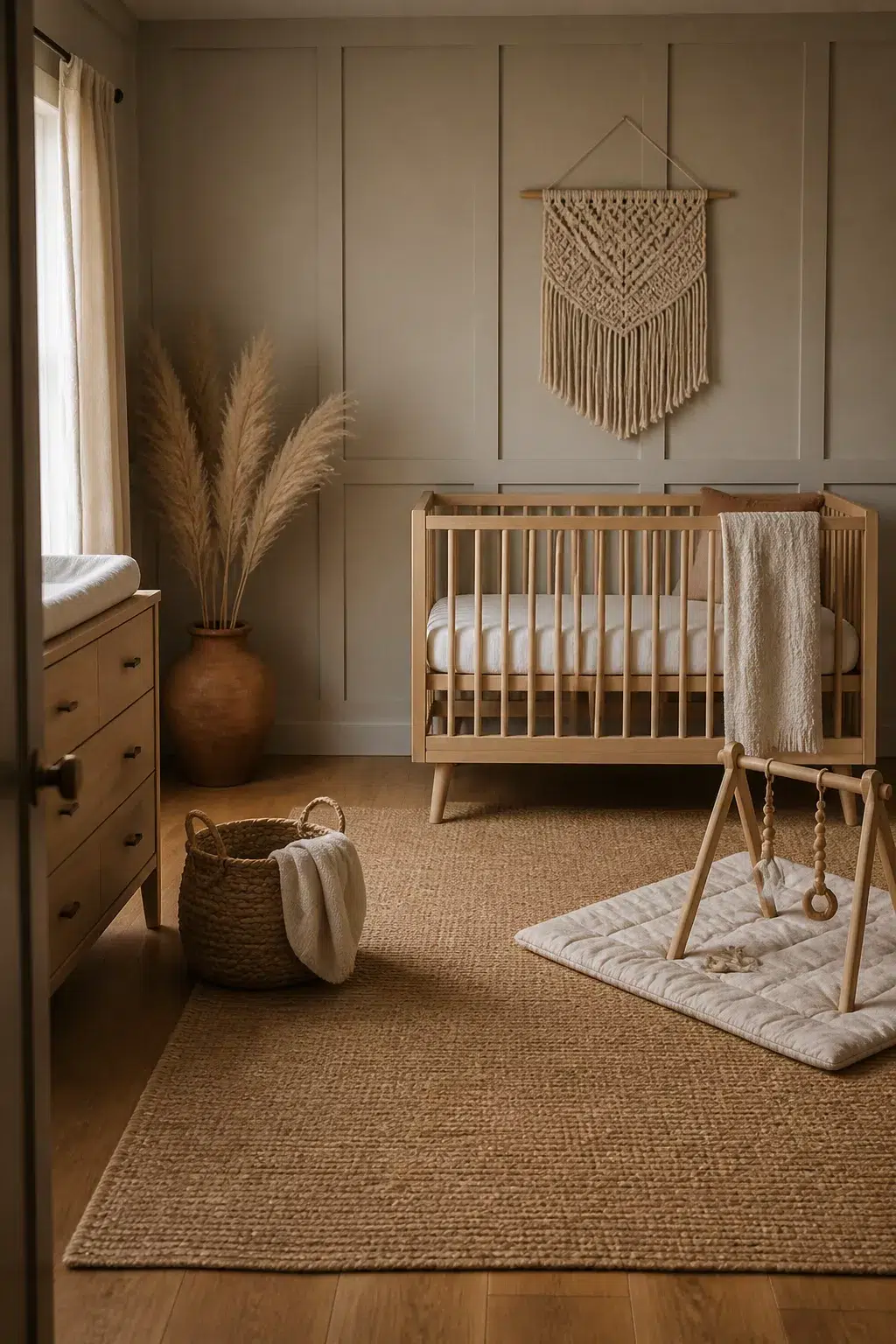 Warm greige board and batten nursery walls with macramé hanging, wood crib, and jute rug in a boho nursery