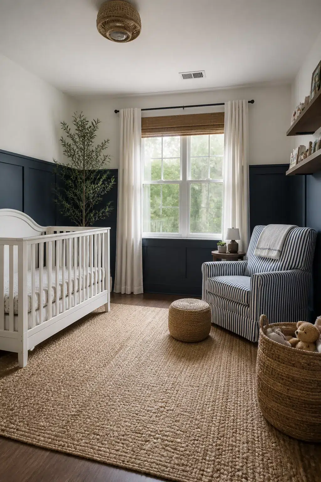 Navy and white board and batten nursery walls with jute rug, striped glider, and white crib.
